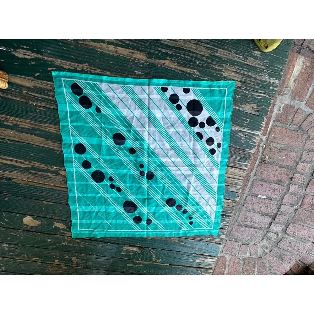 Vintage Teal White Geometric Polka Dot Striped Square Scarf Neckerchief 30x30